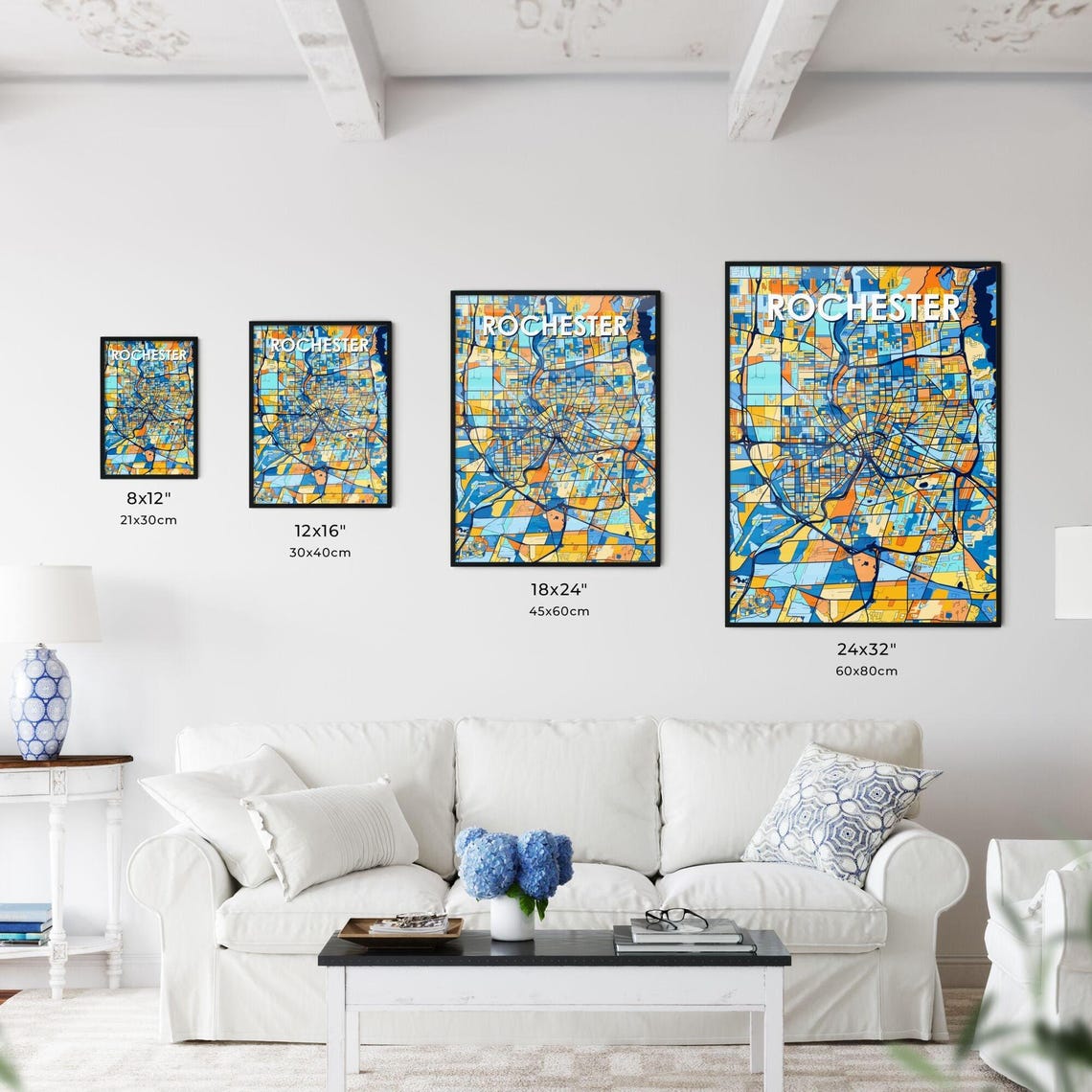 Rochester Bold Blue Orange City Map Wall Decor Poster Artwork - Image 3