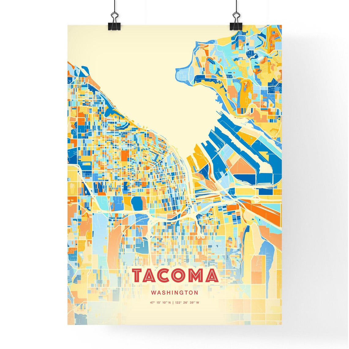 Tacoma Washington Colorful Blue Orange City Map Art Poster Decor - Image 3