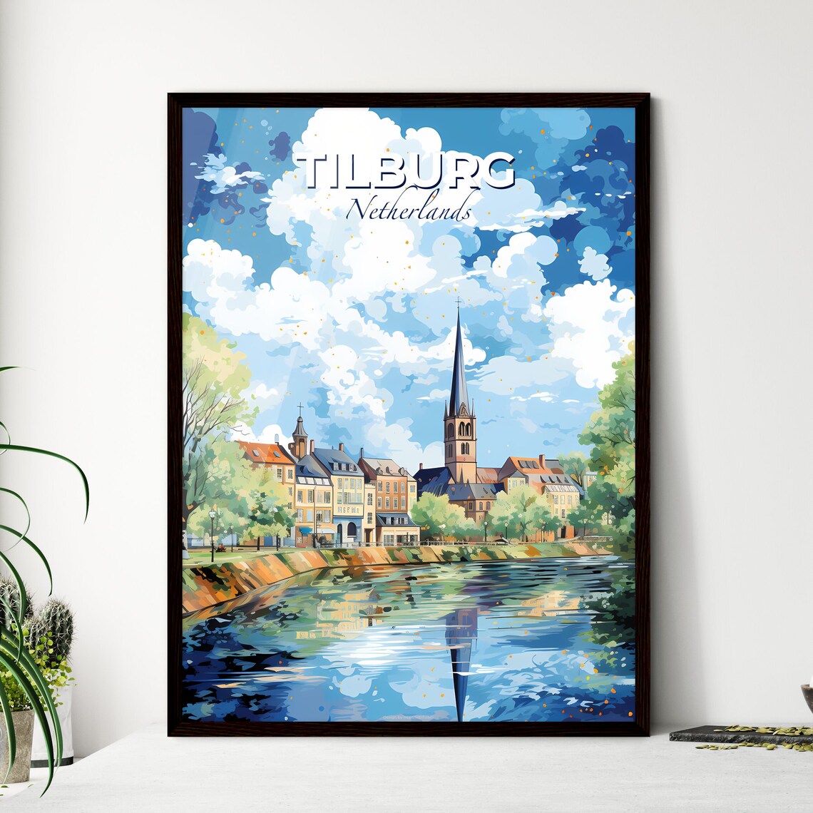 Tilburg Netherlands Travel Poster Church Spire River City Skyline Art