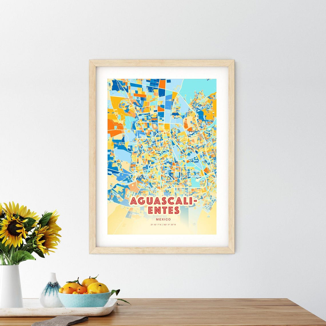 Aguascalientes Mexico Colorful Blue Orange City Map Art Poster - Image 2