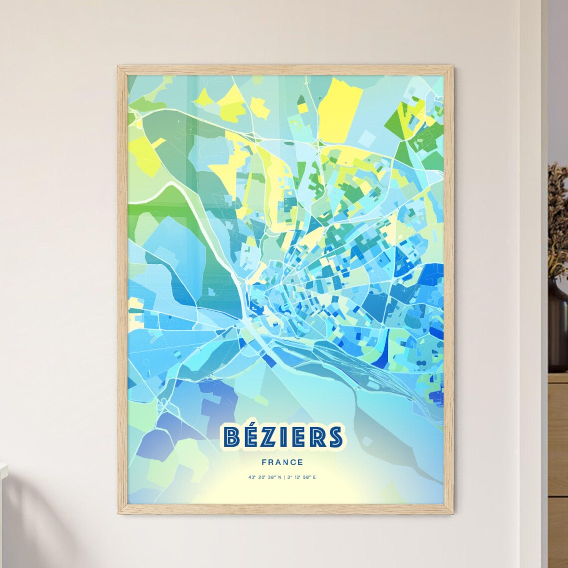 Béziers France Colorful Modern Bluish City Street Map Art Poster