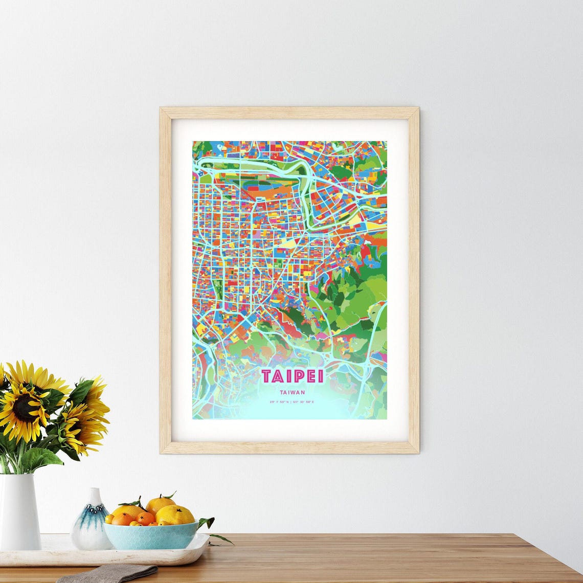 Taipei Taiwan Colorful City Map Art Poster in Pink and Turquoise - Image 2