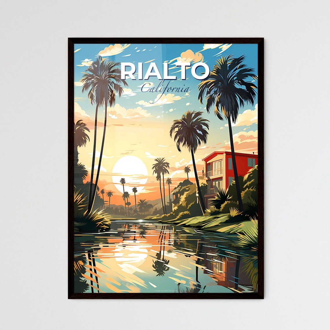 Rialto California Palm Tree Sunset Waterfront View Travel Poster