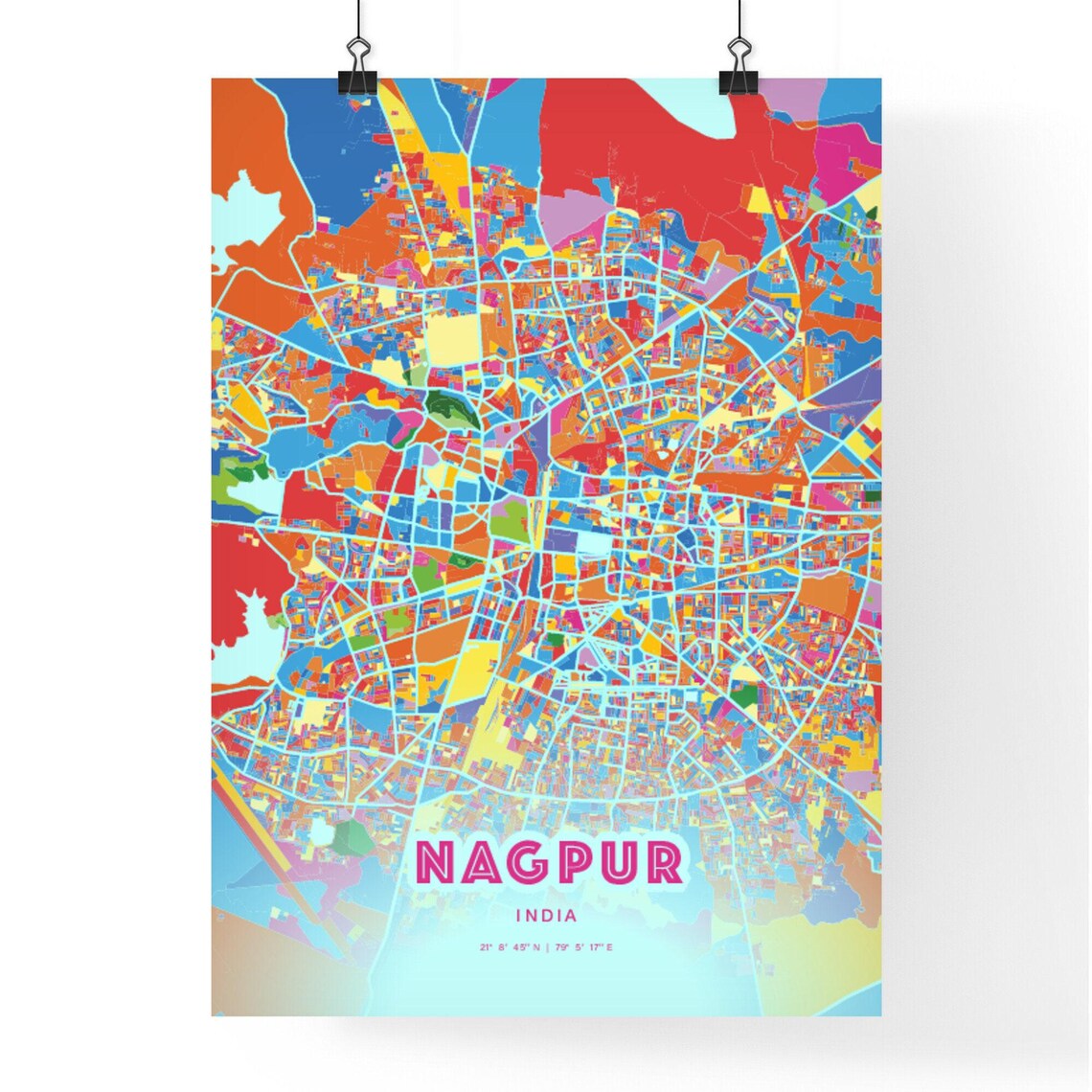 Nagpur India Colorful City Map Art Poster in Pink and Turquoise - Image 3