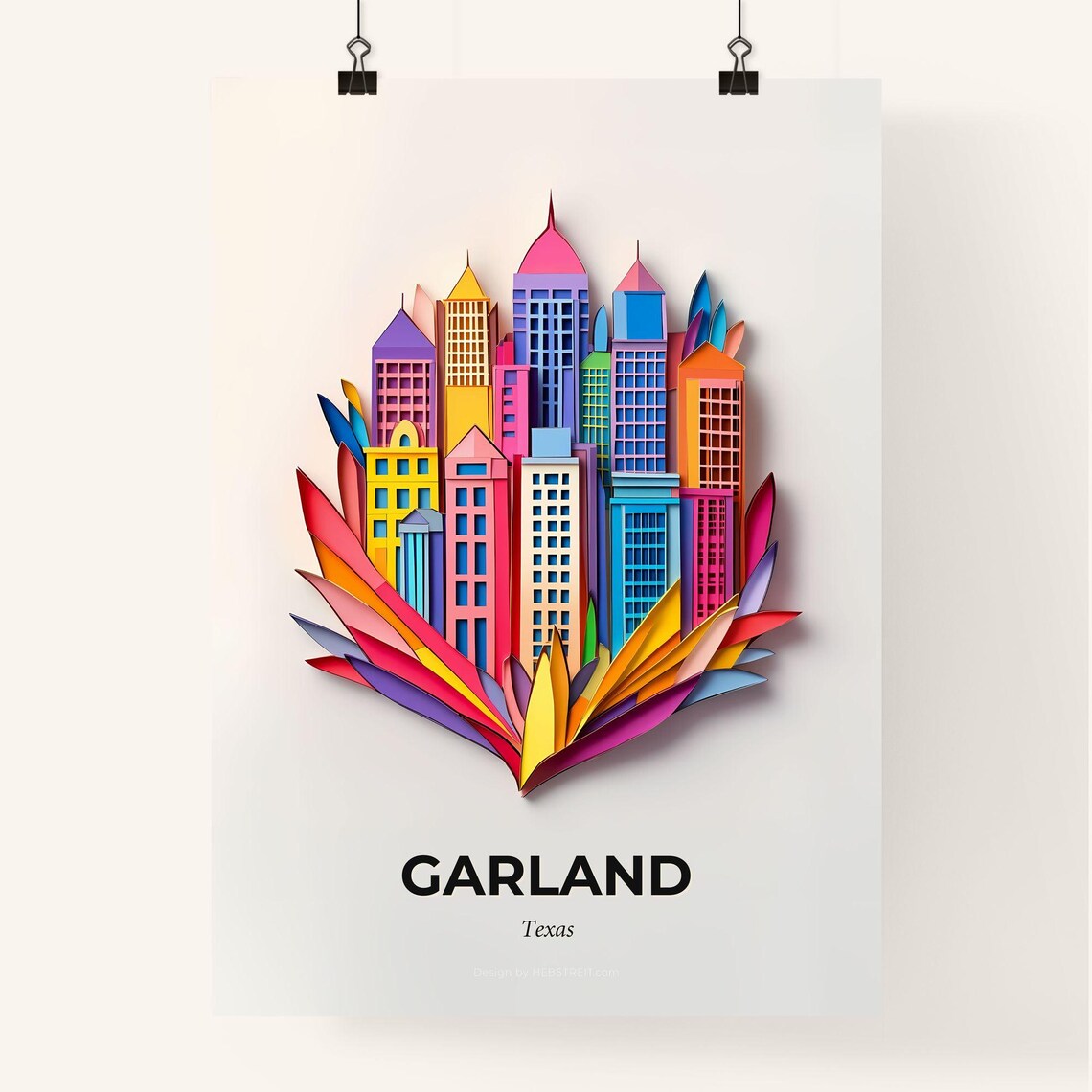 Garland Texas Colorful Paper Cut Skyscrapers and Leaves Poster - Image 4