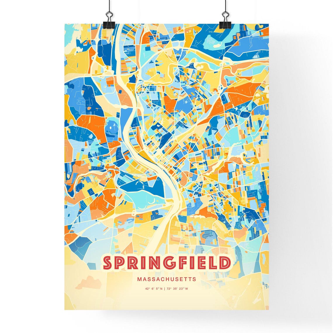 Springfield Massachusetts Vibrant Blue Orange City Map Poster - Image 3