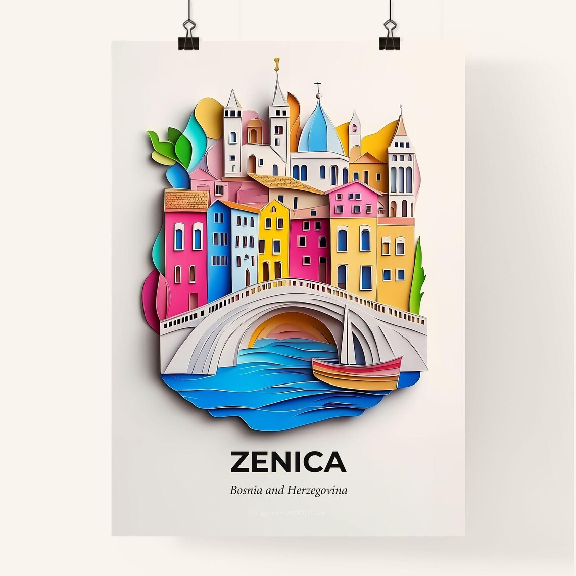 Zenica Bosnia Herzegovina Colorful Paper Cut Bridge Travel Poster - Image 4