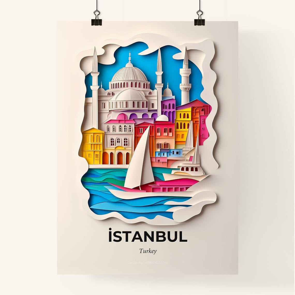 Istanbul Turkey Colorful Paper Cut Mosque and Sailboat Poster - Image 4