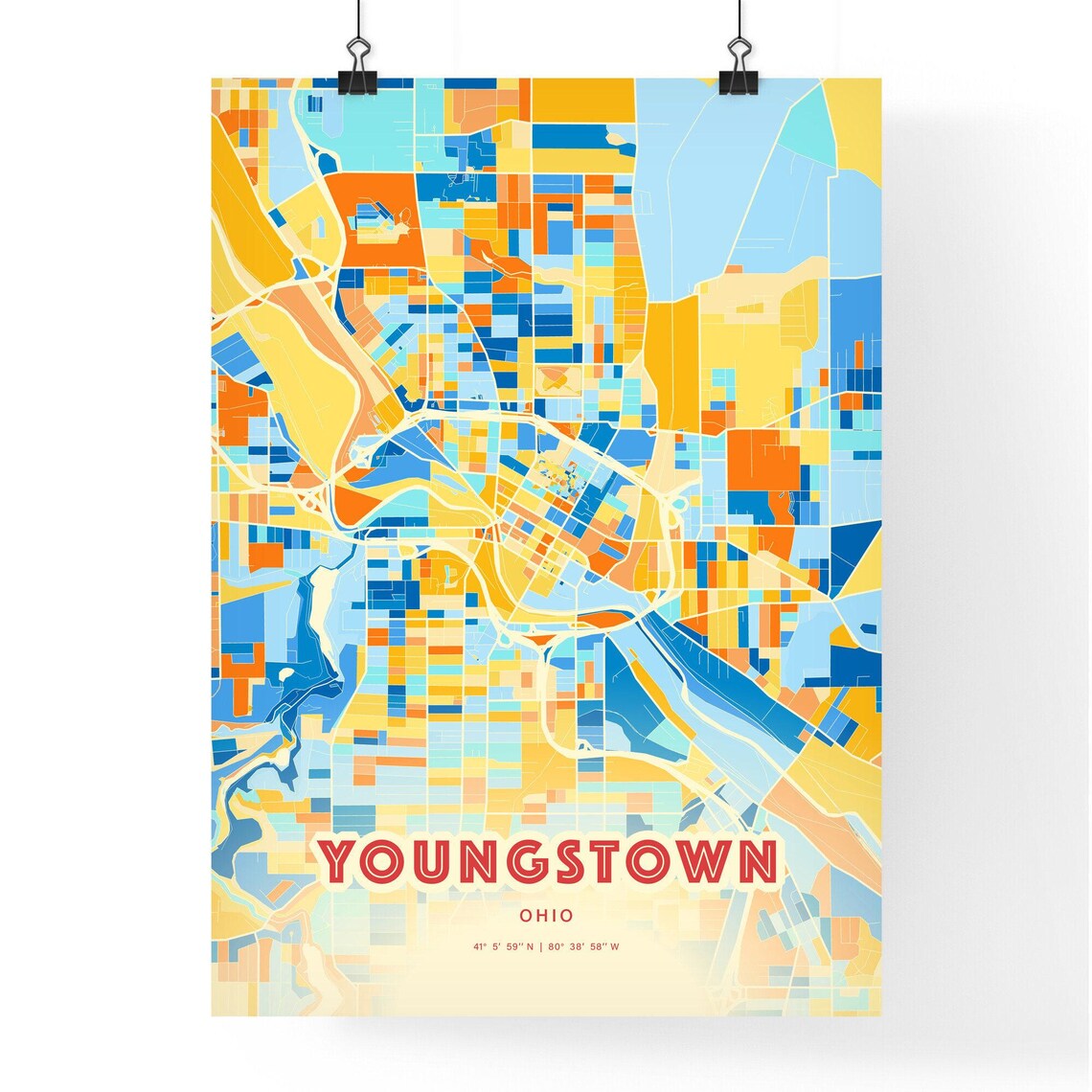 Abstract Youngstown Ohio Modern Colorful City Street Map Art Poster