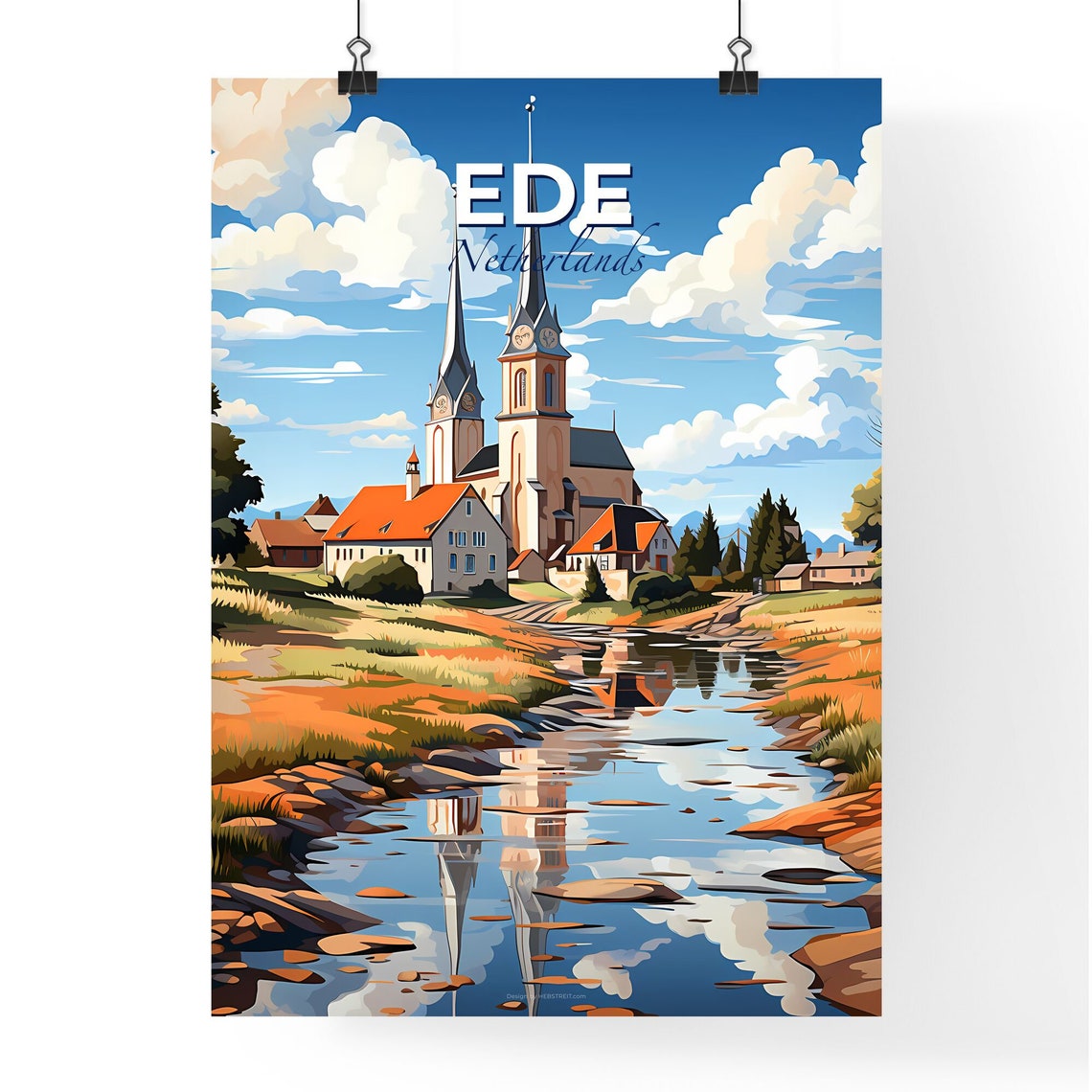 Ede Netherlands Twin Spire Church Riverside Vintage Travel Poster - Image 4