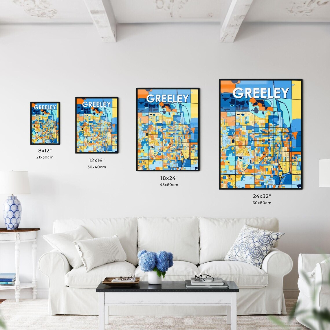 Greeley Colorado Stylish Vibrant Blue and Orange Mosaic City Map Poster - Image 3