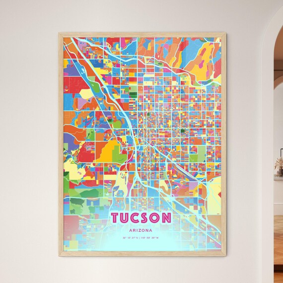 Tucson Arizona Vibrant Crazy Colorful Mosaic City Map Poster