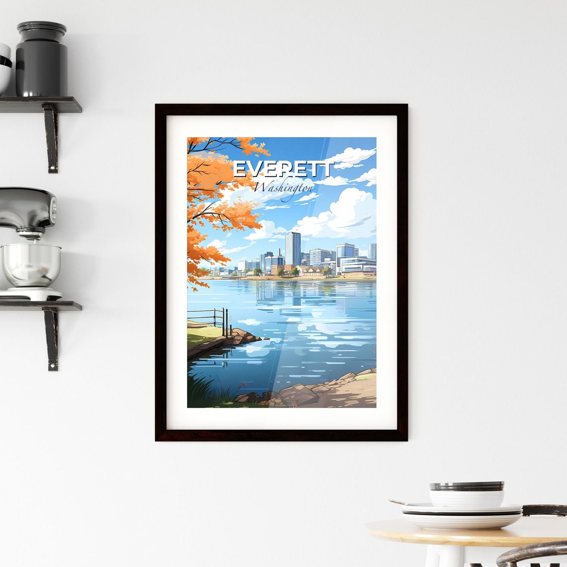 Everett Washington Autumn Waterfront Skyline Reflection Poster - Image 2