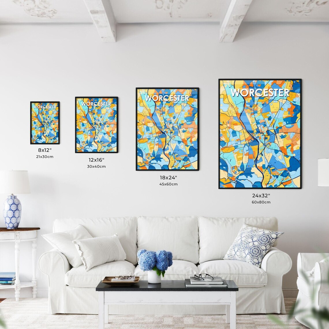 Worcester England Stylish Vibrant Blue and Orange Mosaic City Map Poster - Image 3