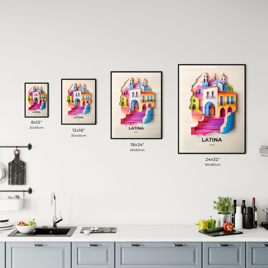 Latina Spain Colorful Staircase Papercut Old Town Travel Poster - Image 3