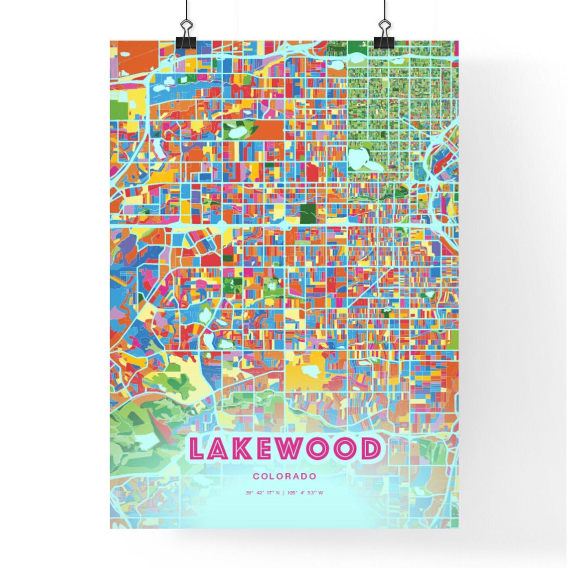 Lakewood Colorado Bold Crazy Colorful Mosaic City Map Poster - Image 3