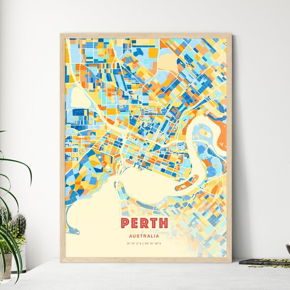 Perth Australia Blue Orange City Map Art Poster for Home Office