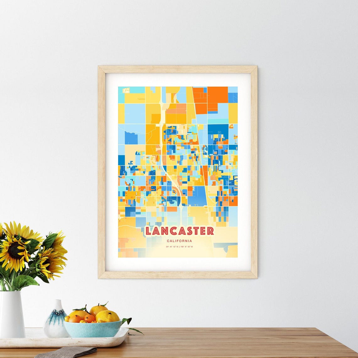 Lancaster California Vibrant Blue Orange City Map Art Poster - Image 2
