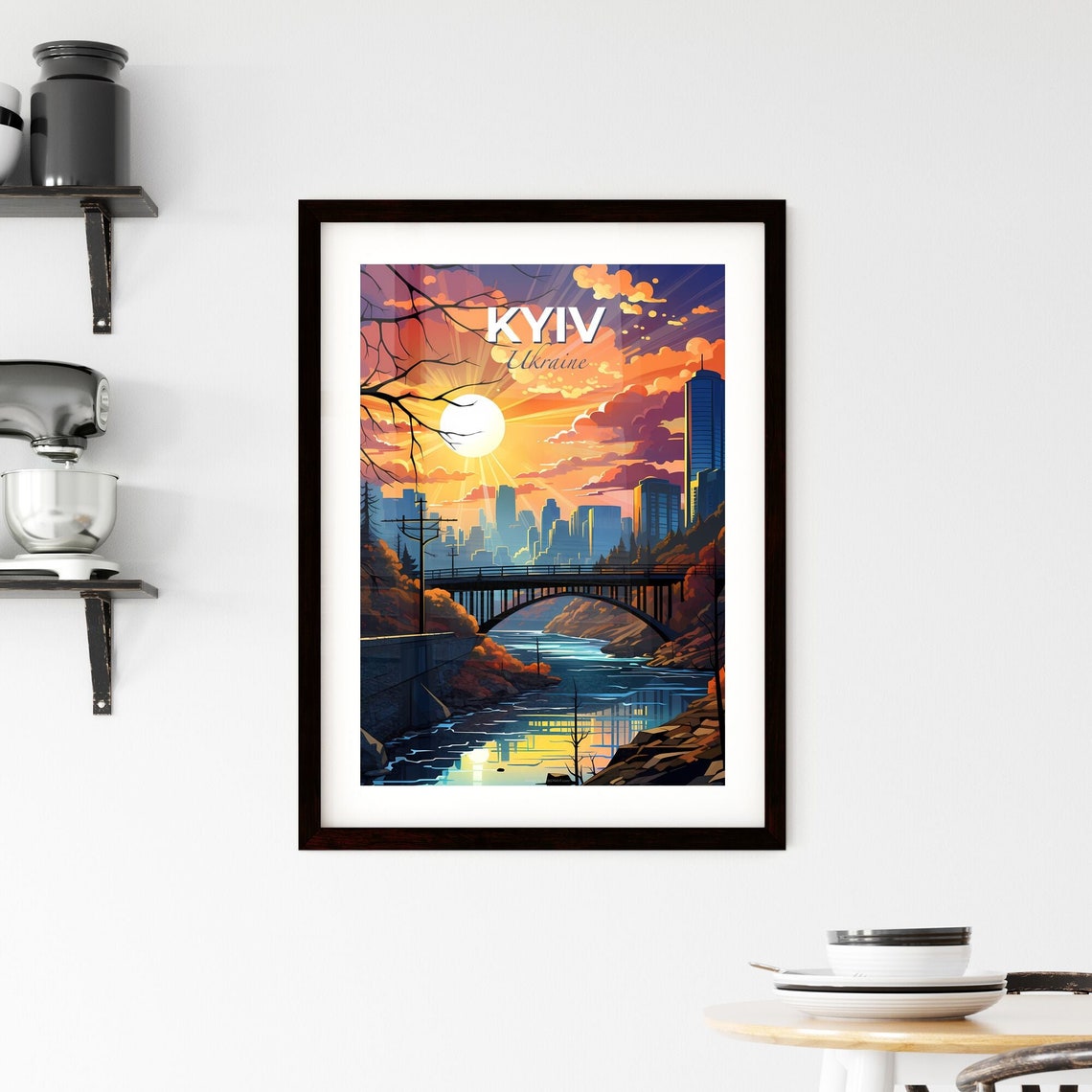 Kyiv Ukraine Sunset River Bridge Skyline Fiery Sky Art Poster - Image 2