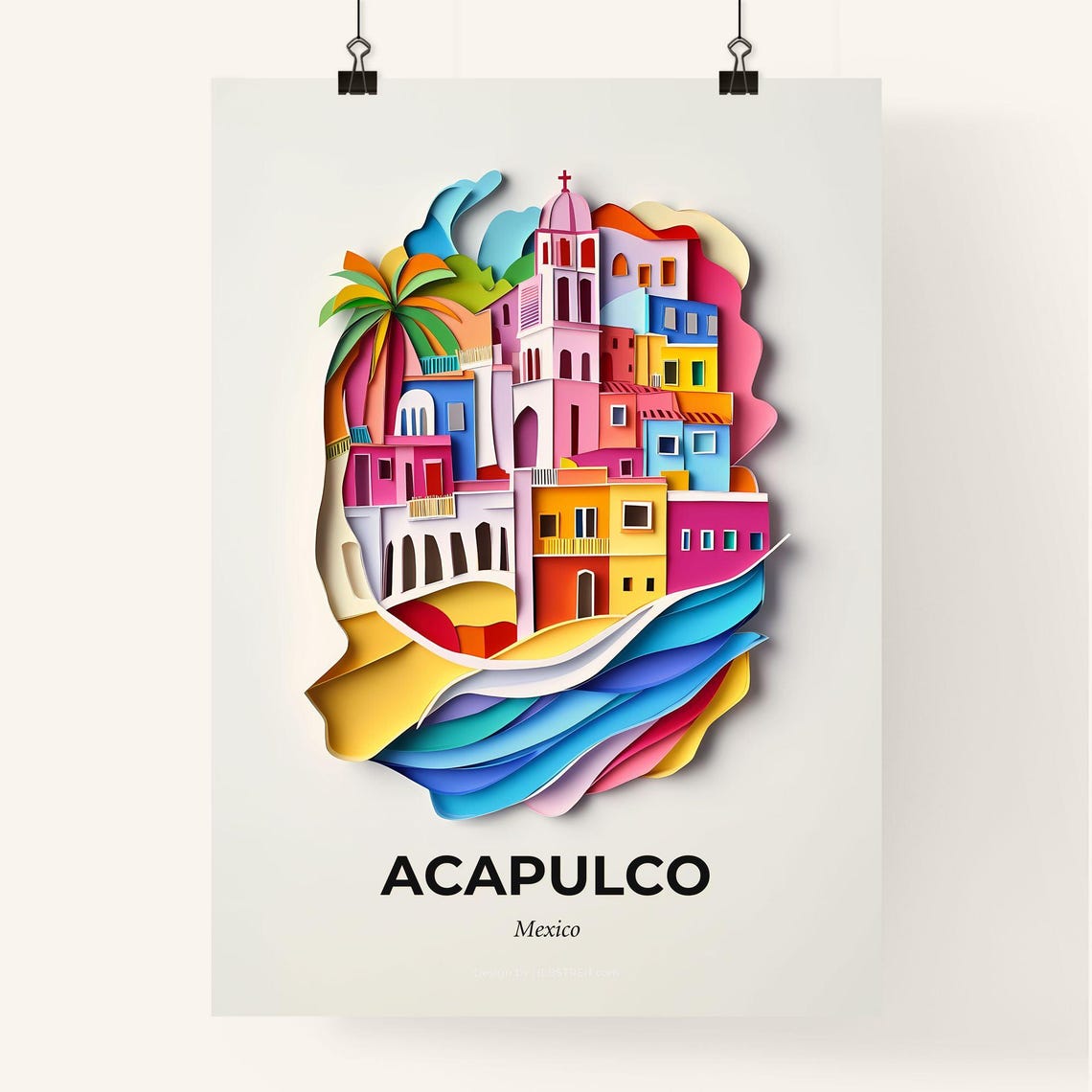 Acapulco Mexico Church Bay Waves Colorful Paper Cut Art Poster - Image 4