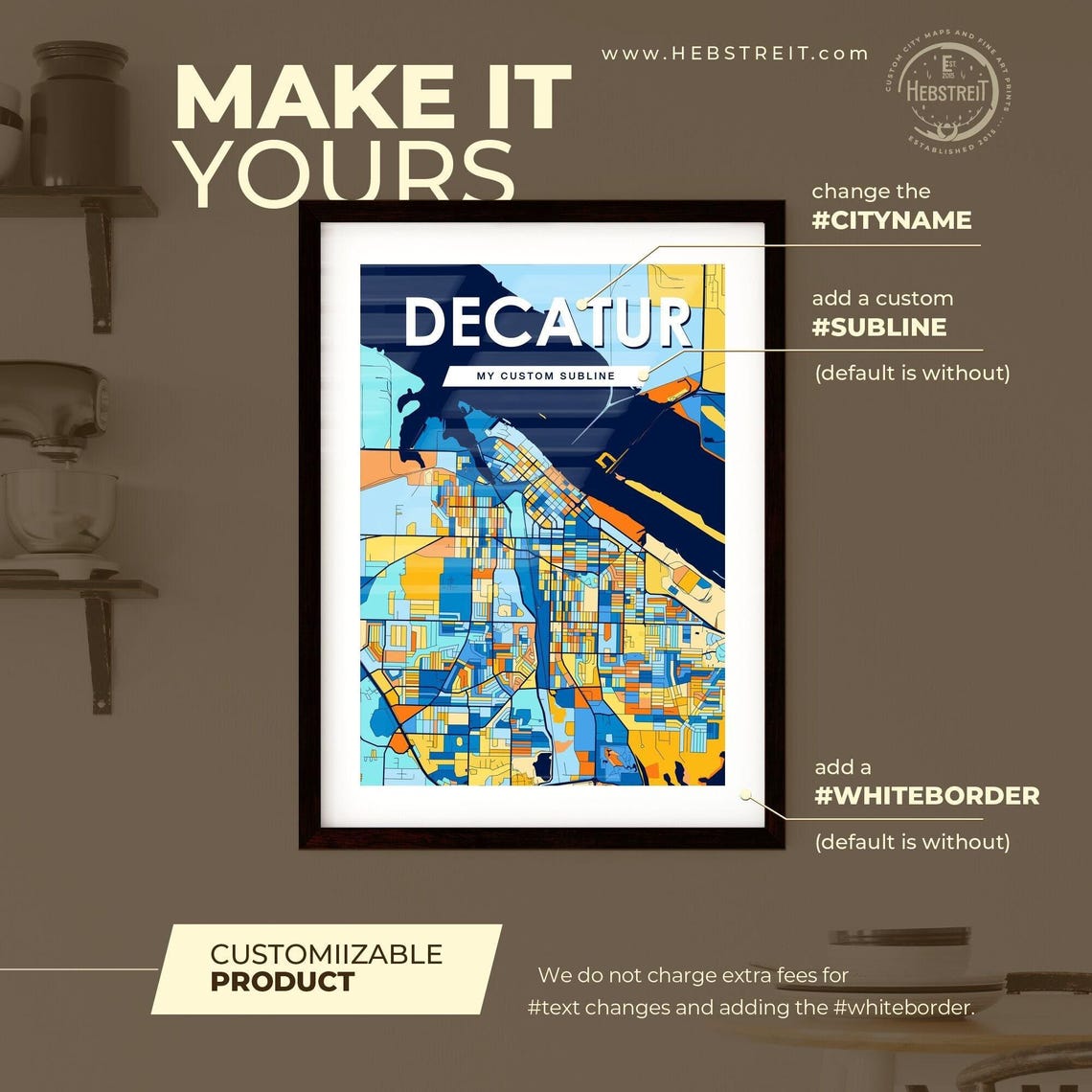 Decatur Alabama Vibrant Stylized Blue and Orange City Map Poster - Image 2