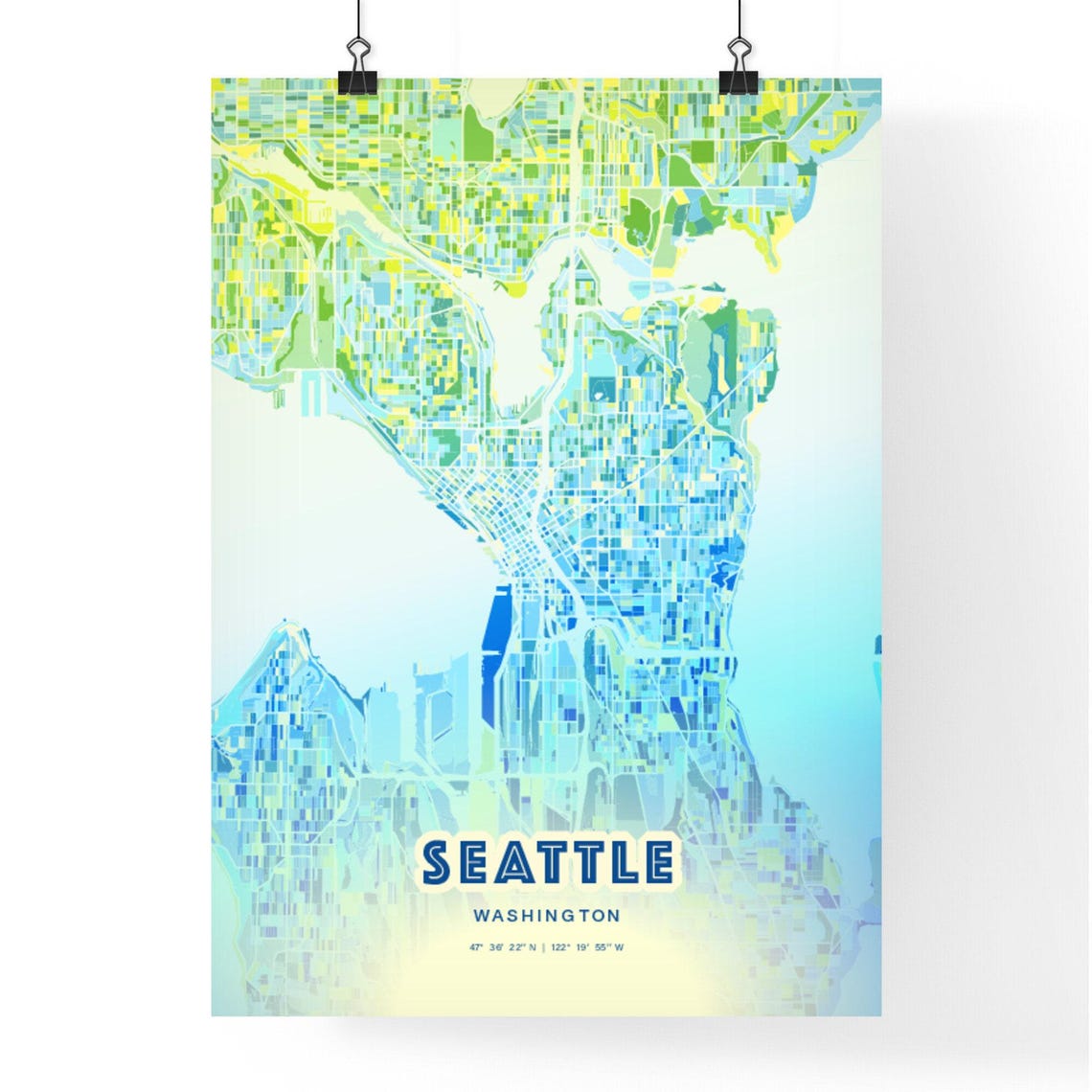 Seattle Washington Modern Bluish City Street Map Decor Art Poster - Image 2