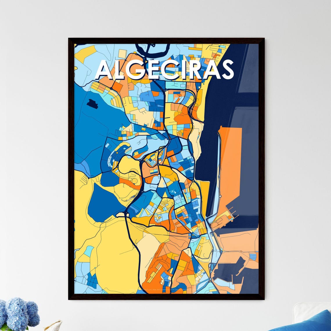 Algeciras Spain Colorful Blue and Orange Bay City Map Art Poster
