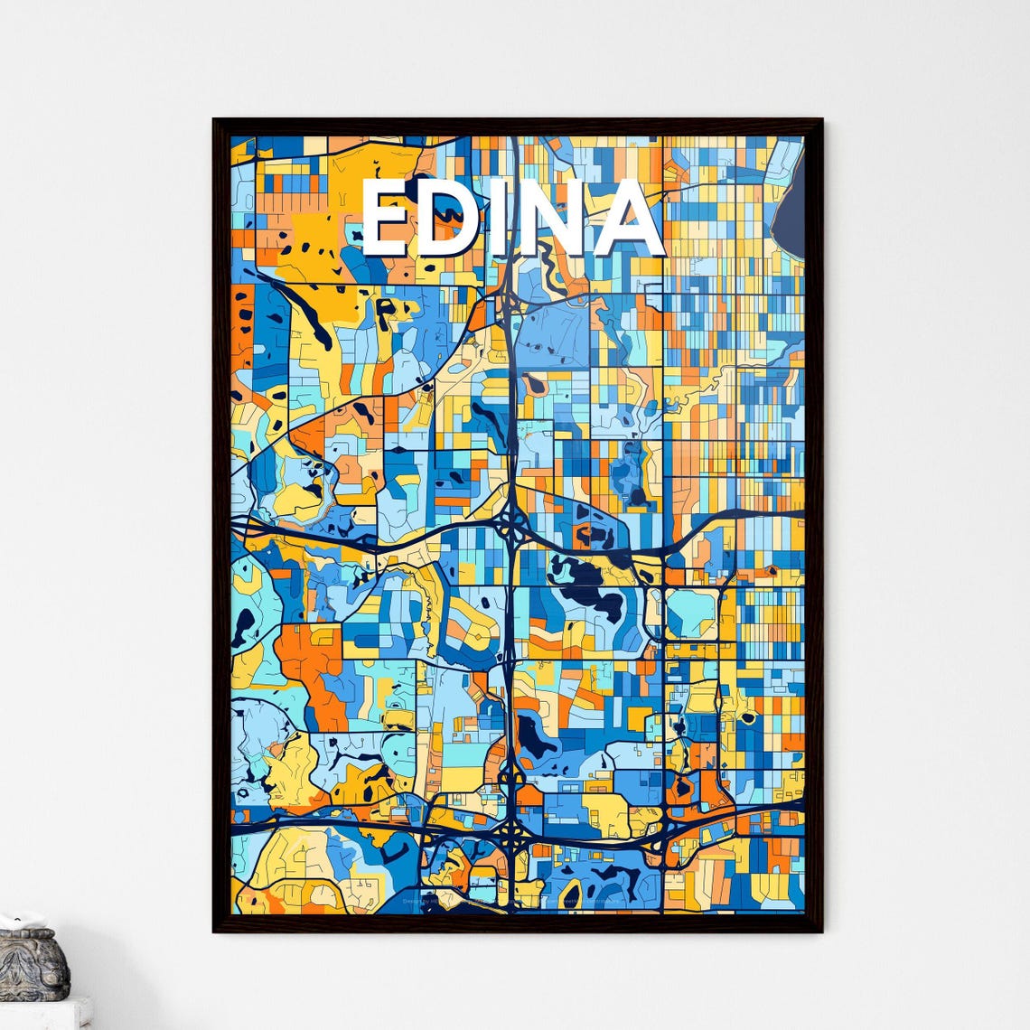 Edina Minnesota Bold Vibrant Blue and Orange City Map Poster
