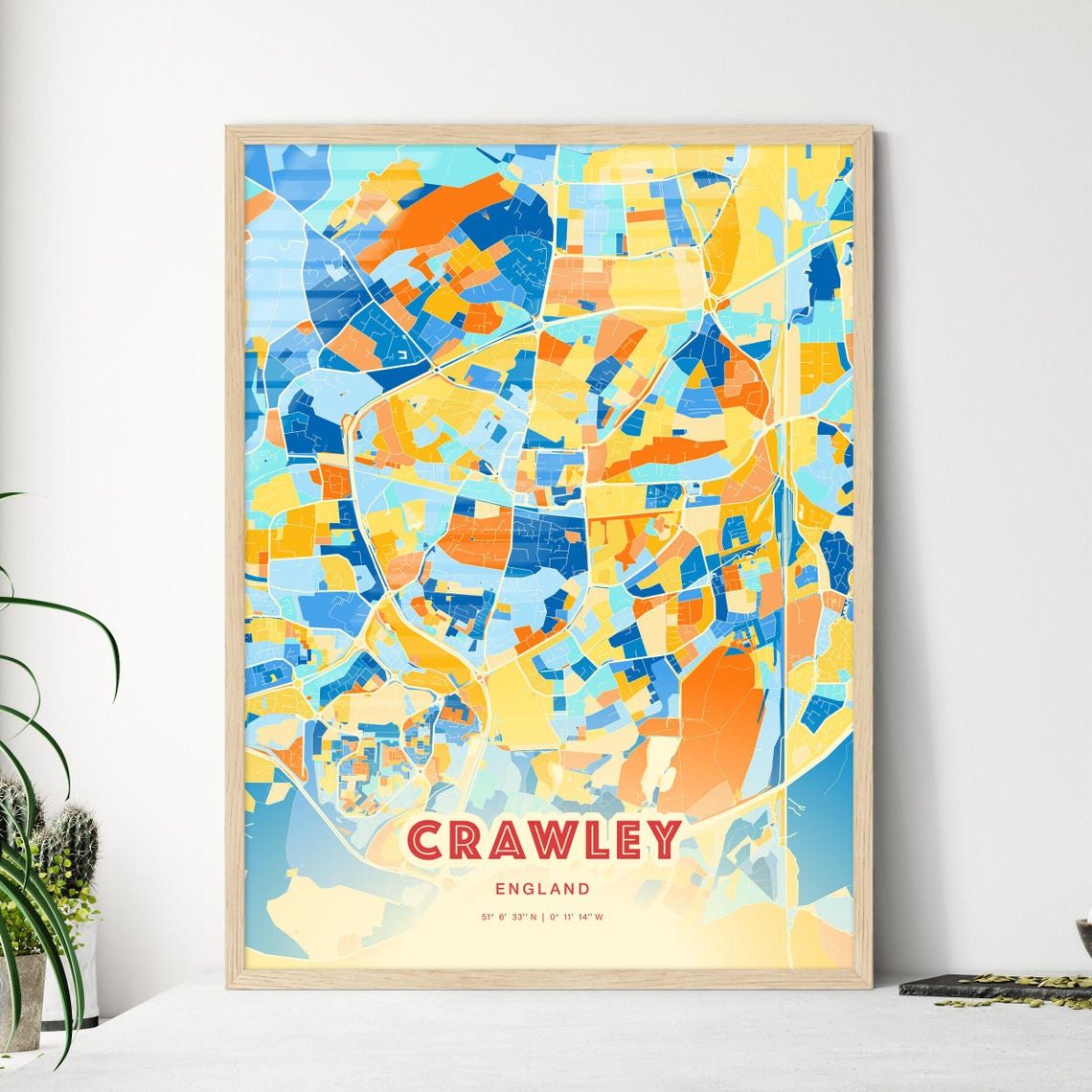 Crawley England Colorful City Map Art Coordinates Modern Poster