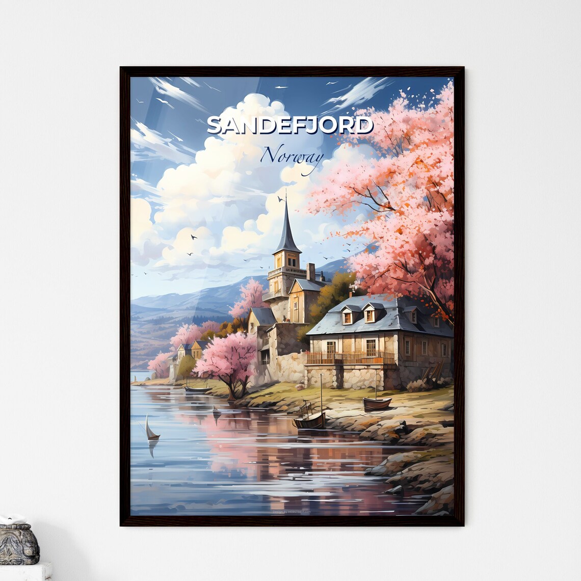 Sandefjord Norway Scenic Coastal Harbor Village Church Travel Poster