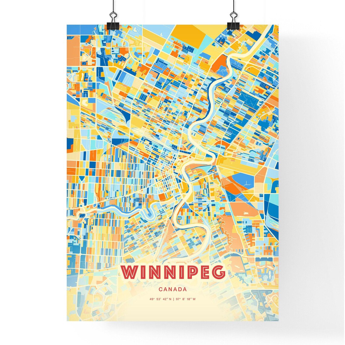 Winnipeg Canada City Map Art Poster Blue Orange Street Style - Image 3