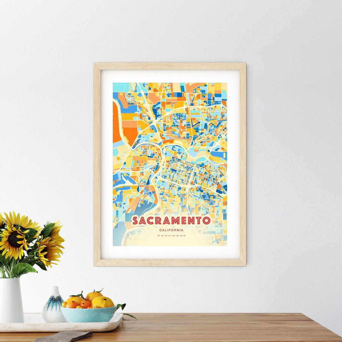 Sacramento California Blue Orange Riverfront City Map Art Poster - Image 2