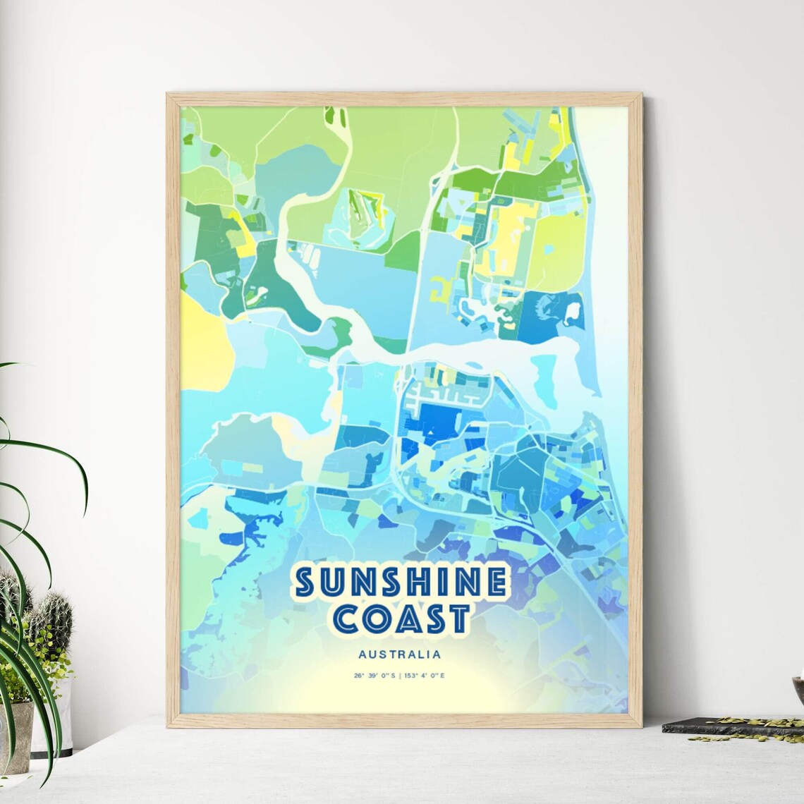 Sunshine Coast Australia Bluish Watercolor City Map Art Poster Wall Decor