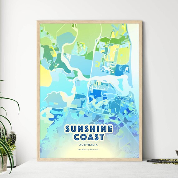 Sunshine Coast Australia Bluish Watercolor City Map Art Poster Wall Decor
