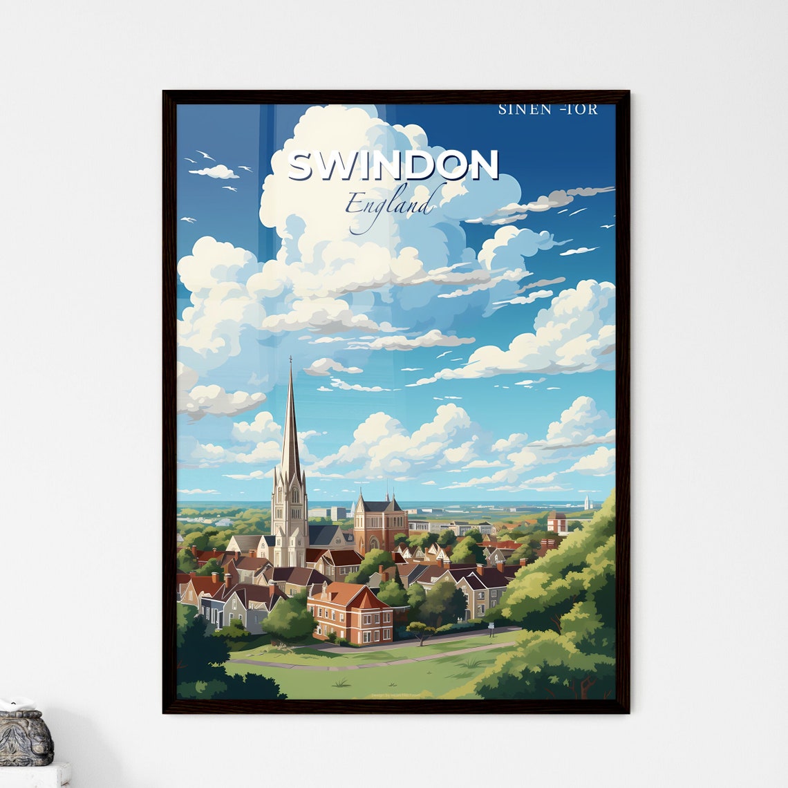 Swindon England Church Spire Town Rooftops Cloud Sky Travel Poster