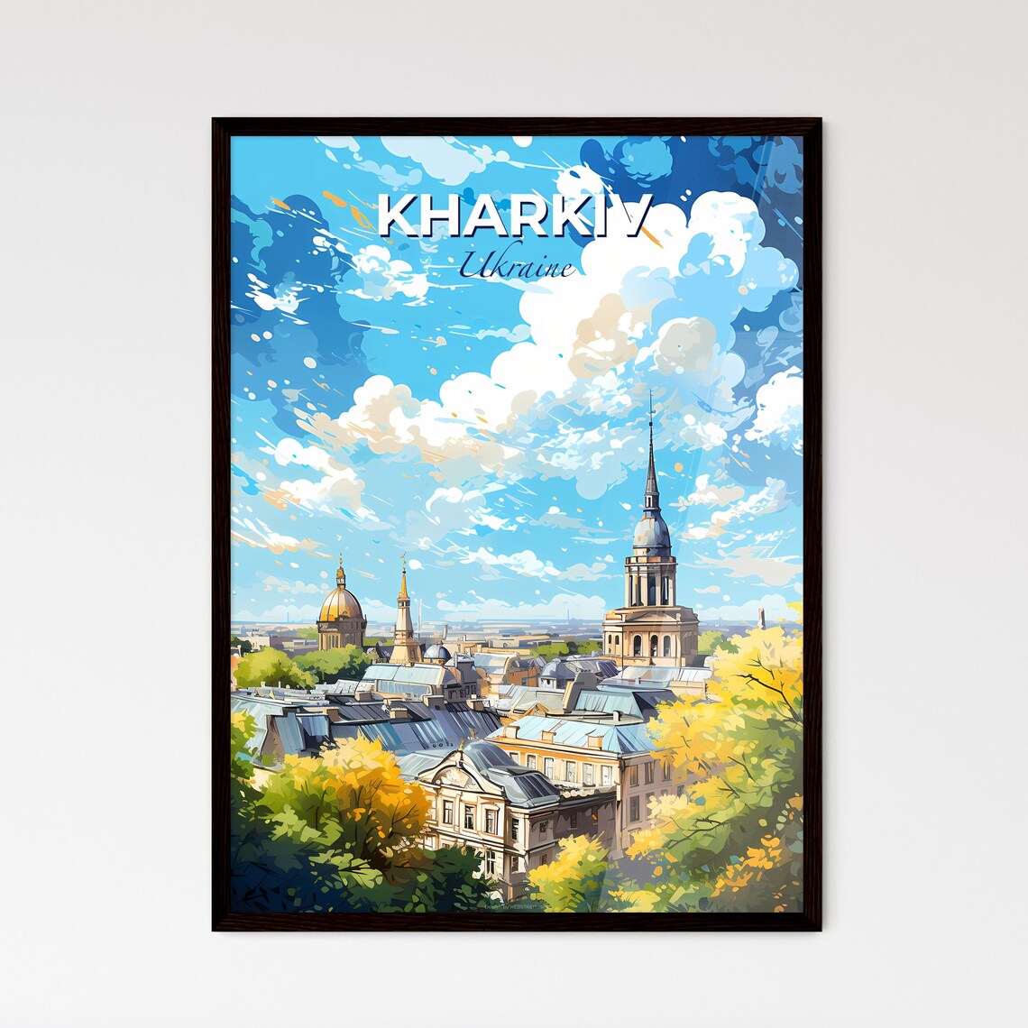 Kharkiv Ukraine Church Domes Rooftop Clouds Vintage Travel Poster