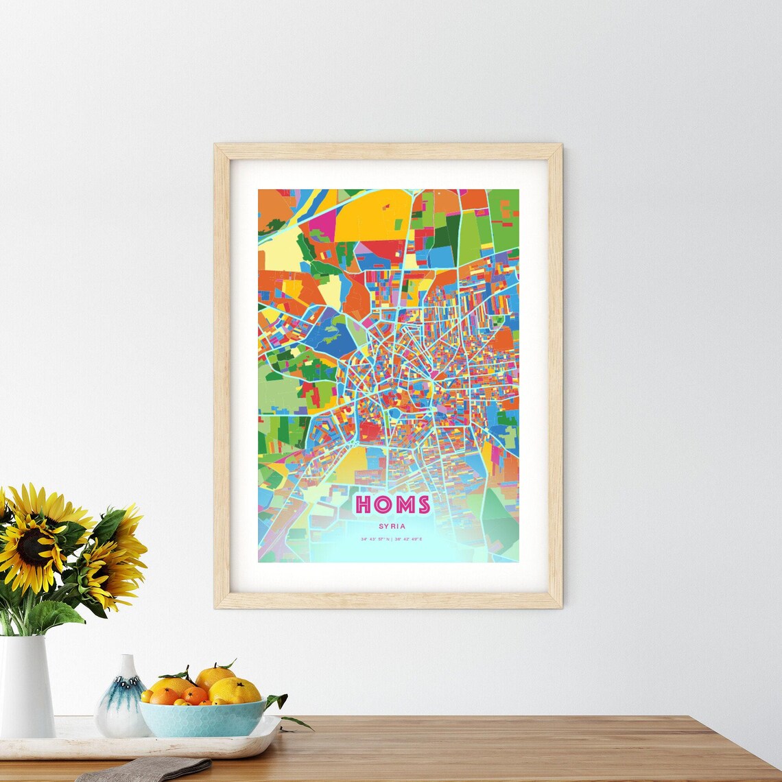 Homs Syria Striking Crazy Colorful Mosaic City Map Art Poster - Image 2