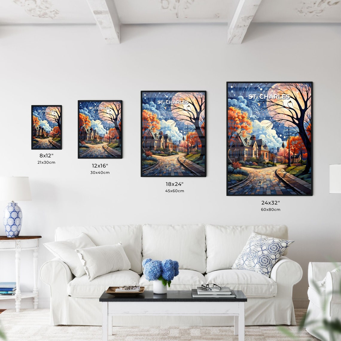 St Charles Missouri Autumn Moonlit Cobblestone Street Poster - Image 3