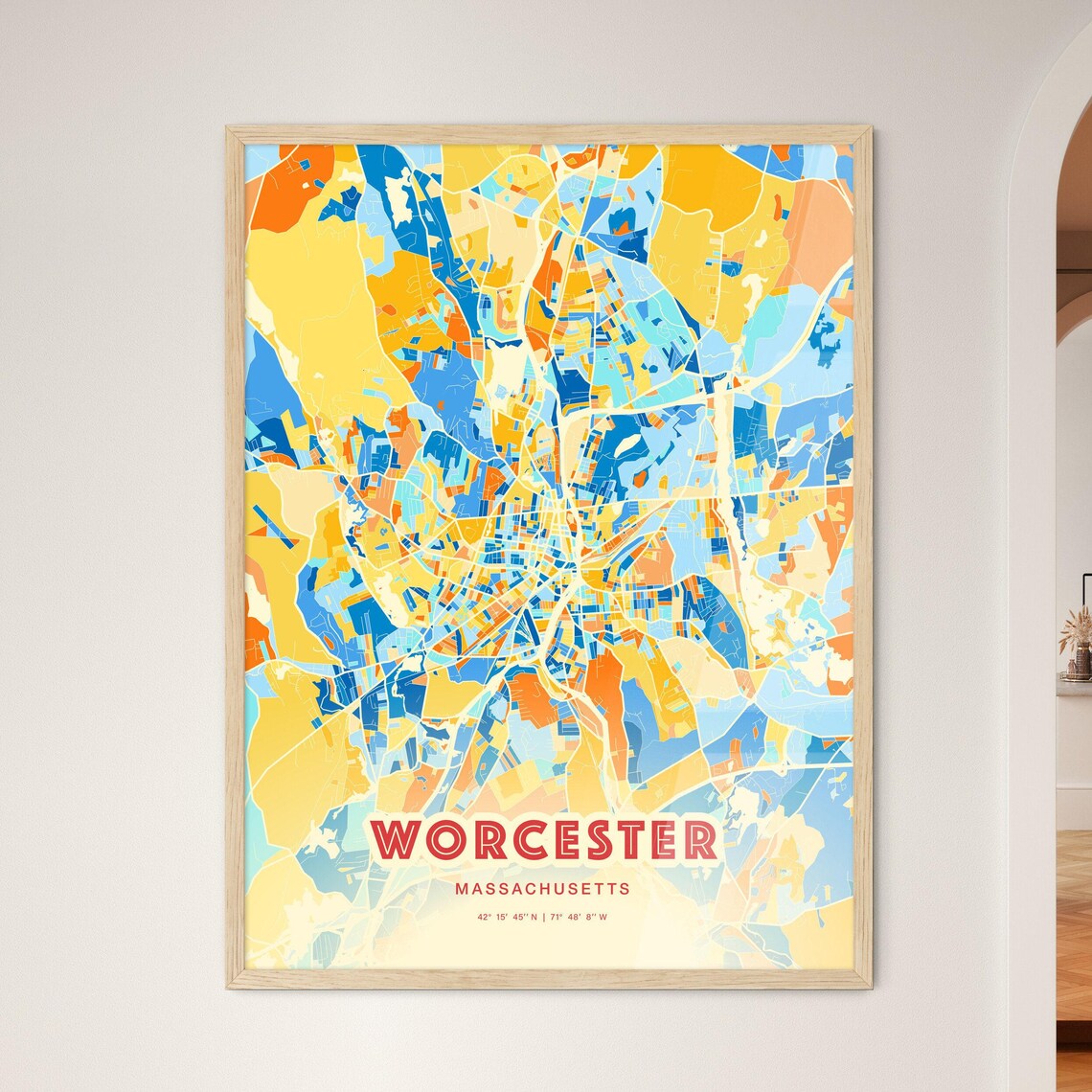 Worcester Massachusetts Colorful Blue Orange City Map Art Poster