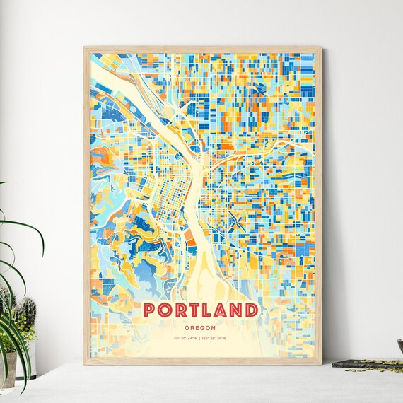 Portland Oregon Blue Orange Colorful City Map Art Poster With Coordinates