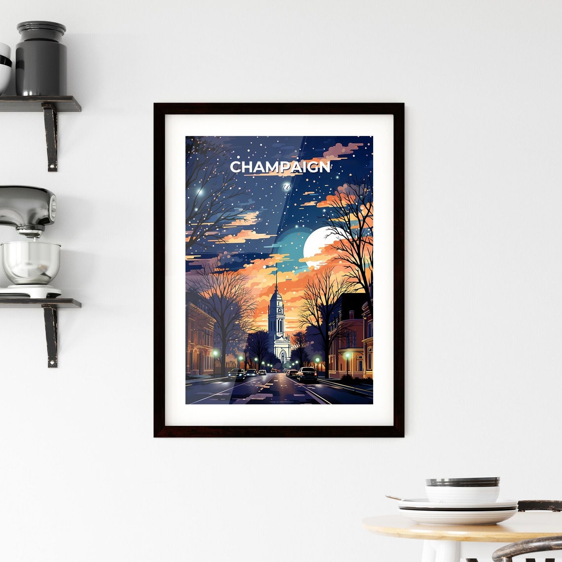 Champaign Illinois Moonlit Downtown Street Large Moon Night Poster - Image 2