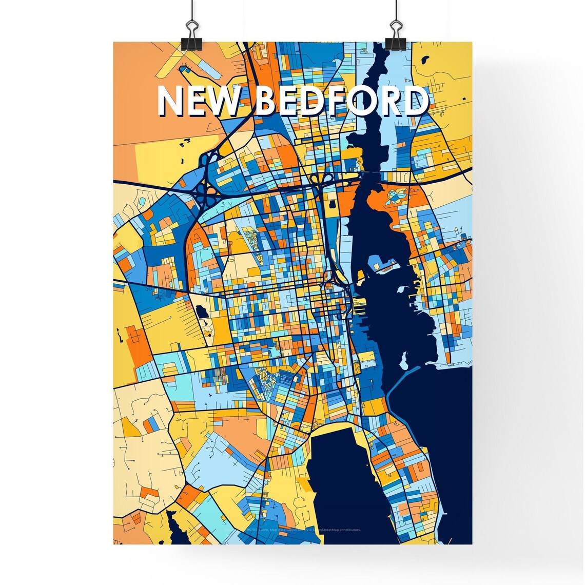 New Bedford Massachusetts Stylish Vibrant Blue and Orange Mosaic City Map Poster - Image 4