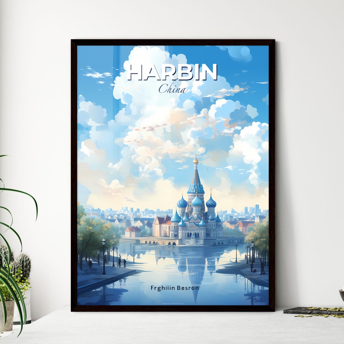 Harbin China Blue Dome Church Riverside Vintage Travel Poster