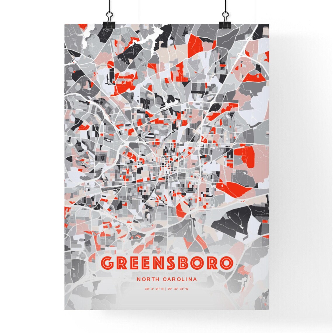 Greensboro North Carolina Bold Red and Gray Modern Abstract City Map Poster - Image 3