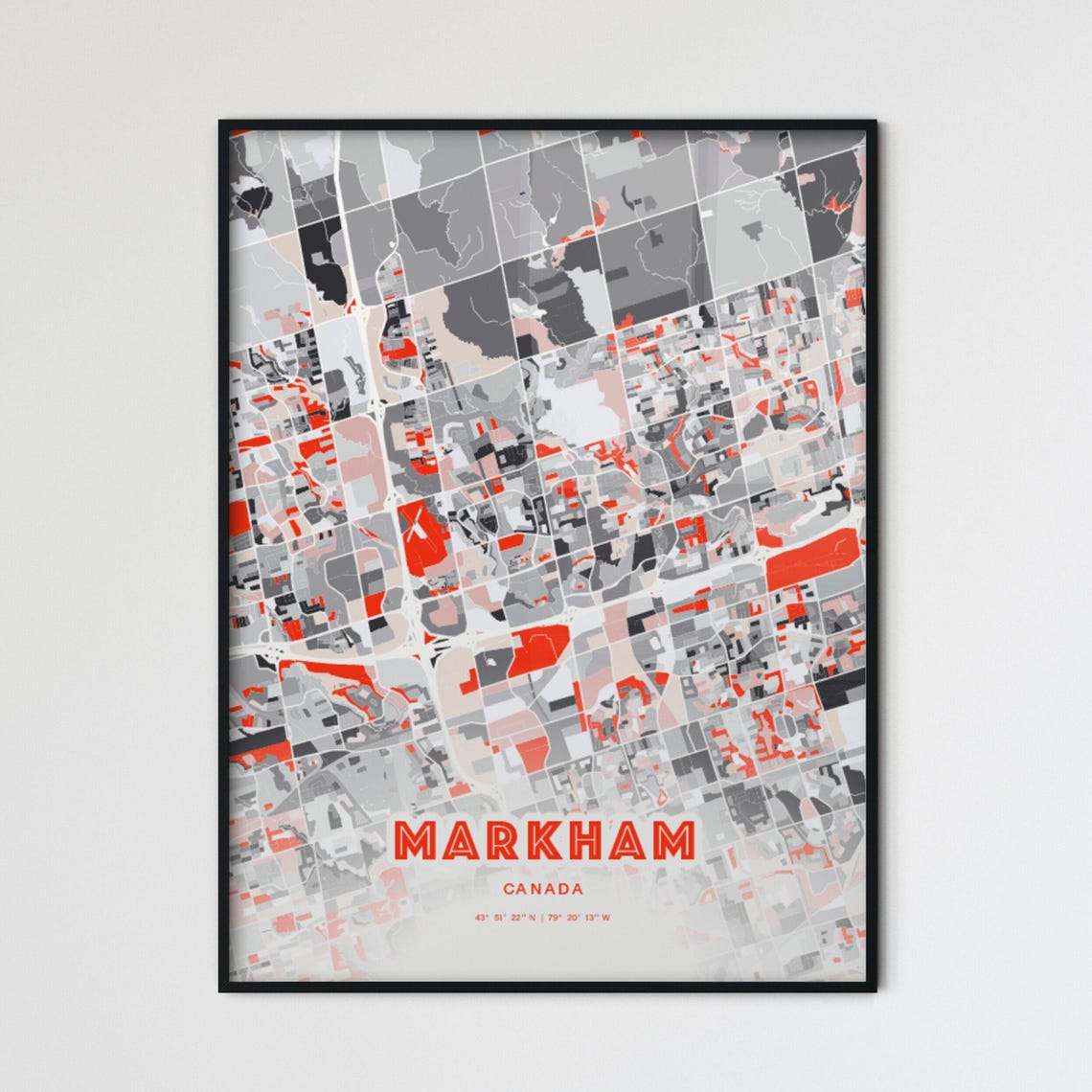 Markham Canada Expressive Red Abstract Modern City Map Art Poster