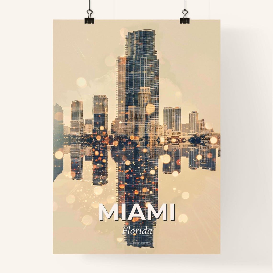 Miami Florida Glittering Skyscraper Reflection Night Art Poster - Image 4