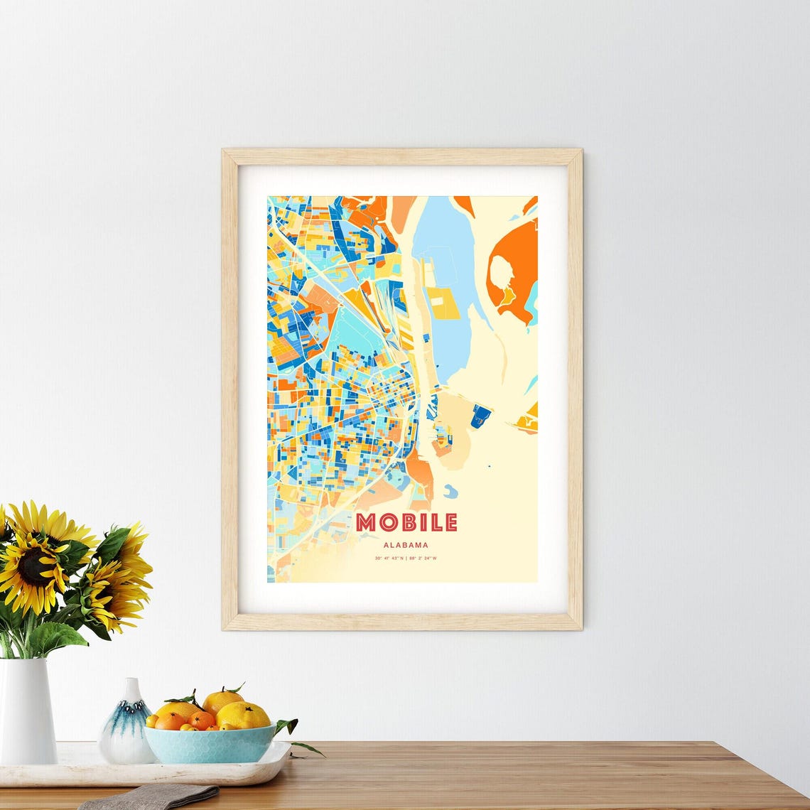 Mobile Alabama Vibrant City Map Art Poster in Orange Blue and Cream - Image 2