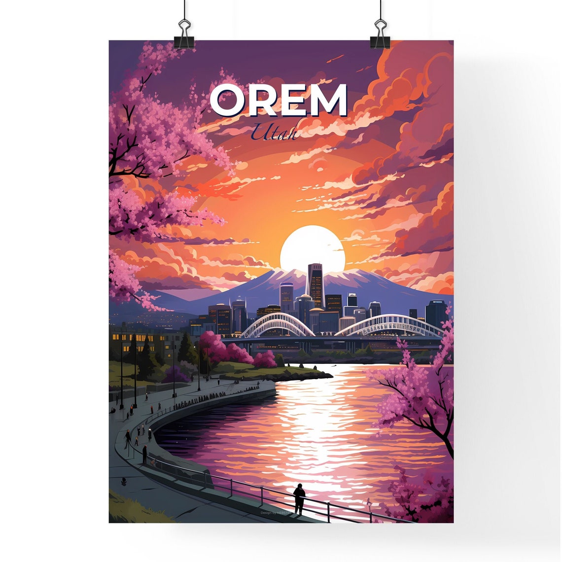 Orem Utah Sunset City Skyline Bridge With Cherry Blossom Poster - Image 4
