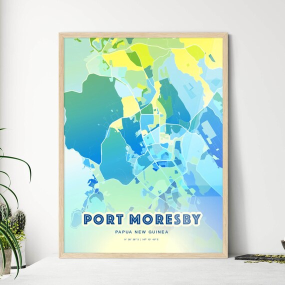 Port Moresby Papua New Guinea Pastel Blue City Map Art with Coordinates Poster
