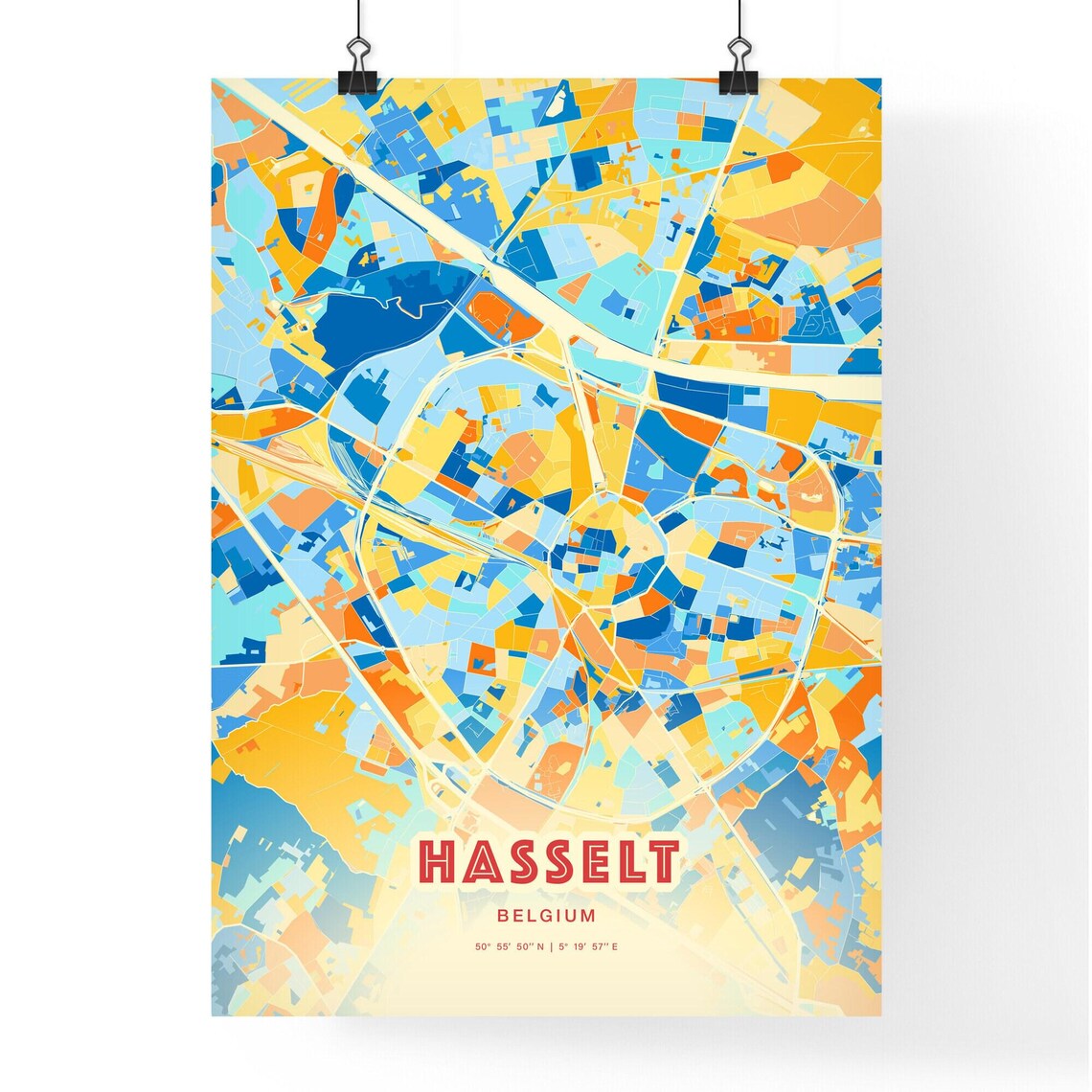 Hasselt Belgium Colorful City Map Art Poster Blue And Orange Ring Design - Image 3